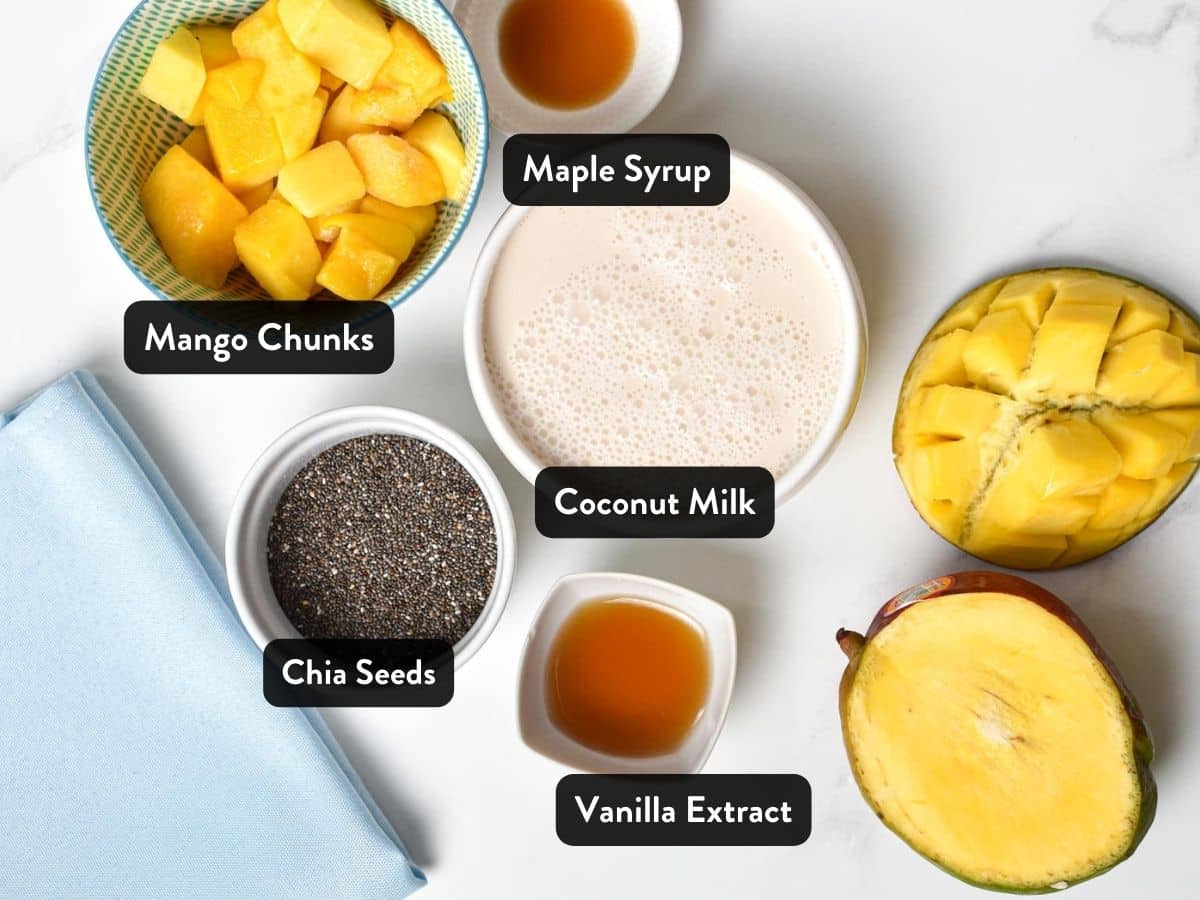 Mango Chia Pudding ingredients in small bowls and ramekins with labels.