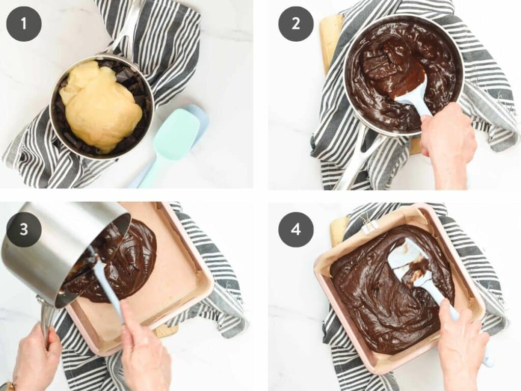 Step-by-step instructions on how to make the 2-ingredient fudge in a saucepan.