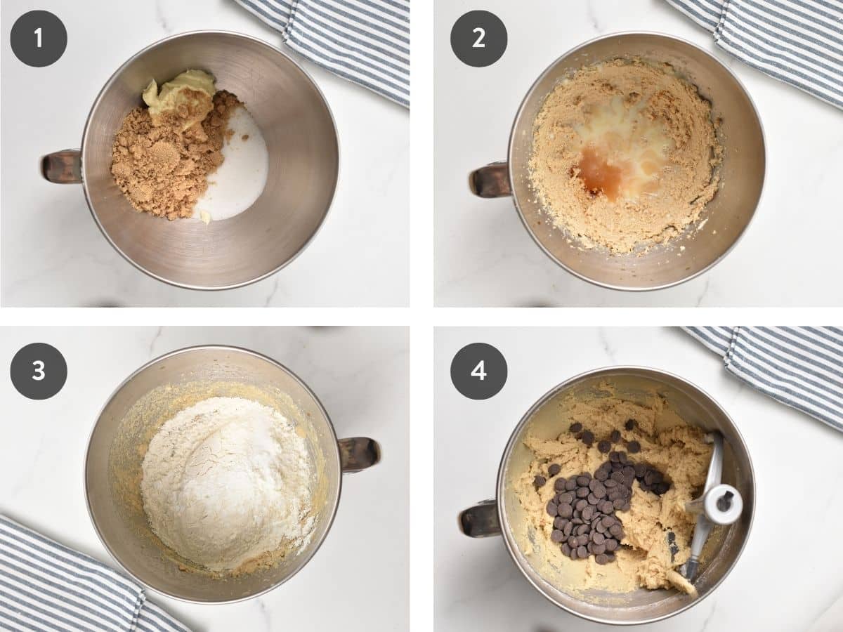 Step-by-step instructions on making the batter for Eggless Chocolate Chip Cookies