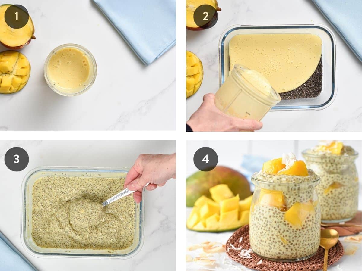 Step-by-step instructions on how to make mango chia pudding in a few minutes.