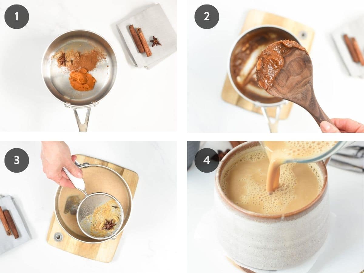 How To Make Pumpkin Spice Chai Latte in four pictures.