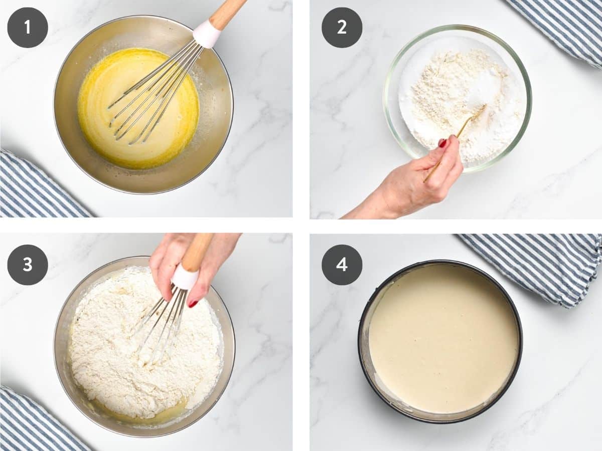 Step by step instructions on how to make sugar-free cake showing the combination of wet ingredients, dry ingredients, the combined batter, and the cake in a pan ready to be baked.