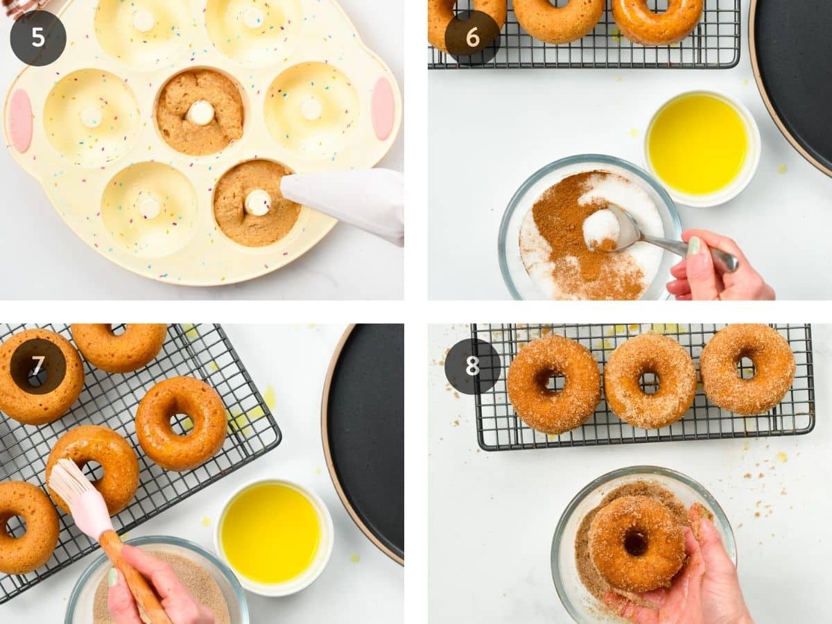 Step-by-step instructions on how to coat the Vegan Apple Cider Donuts.