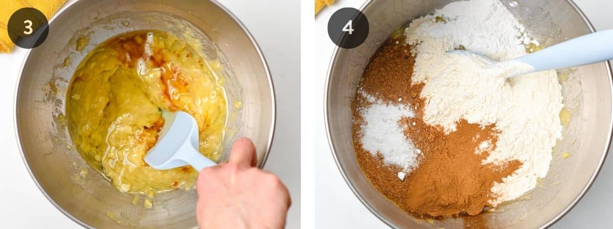 Combining the wet and dry ingredients for the spelt banana bread side by side.