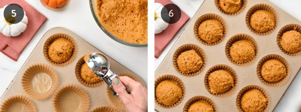Forming and baking vegan pumpkin cupcakes.