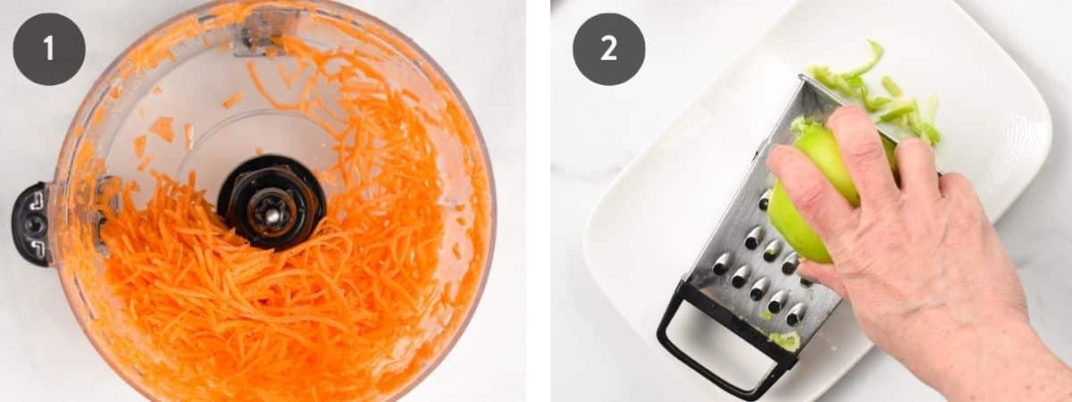 Shredding carrots in a food processor and grating apple on a box grater.