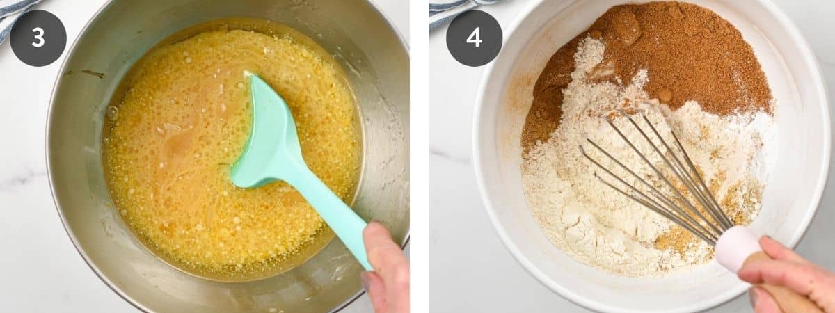 Stirring wet ingredients and dry ingredients in two different bowls.
