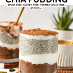 a glass jar filled with layers of vanilla chia pudding, yogurt, chocolate coffee chia pudding to form a tiramisu chia pudding
