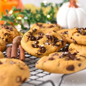 A cooling rack with Vegan Pumpkin Chocolate Chips Cookies