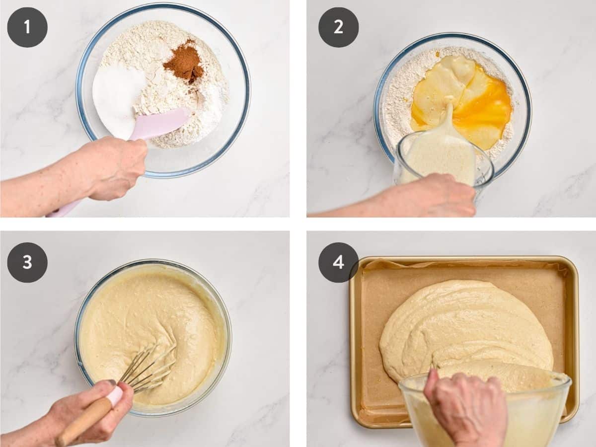 Step-by-step instructions on making the sheet pan pancakes.