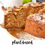 a slice of vegan apple cake being removed from a whole cake