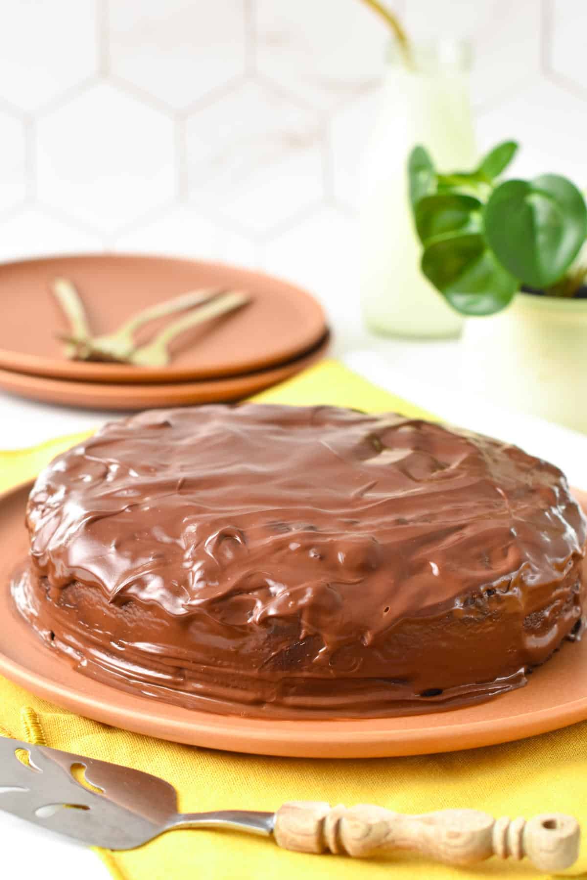 A vegan chocolate banana cake frosted with dairy-free ganache.