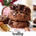 a stack of chocolate almond flour cookies with melted chocolate chips