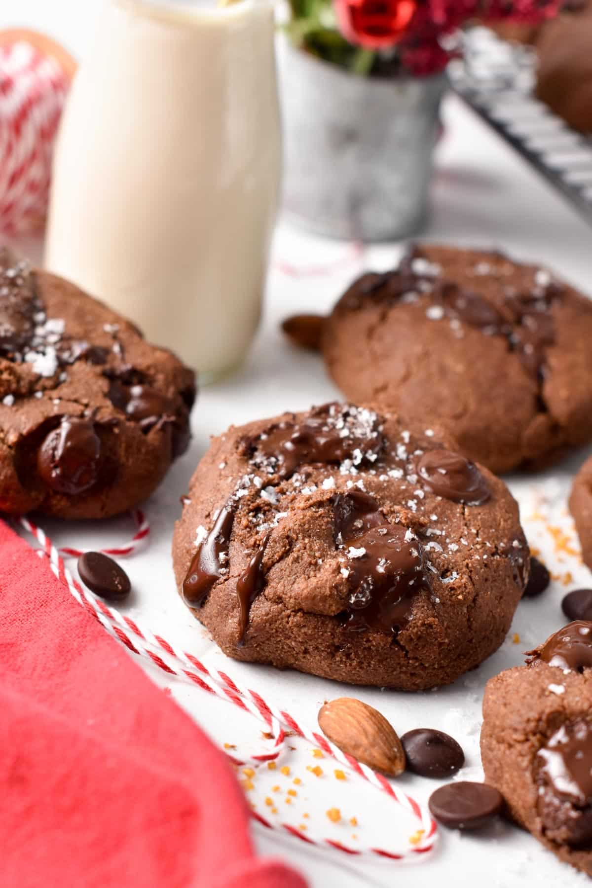 A double chocolate chip almond flour cookie with a Christmas decor.
