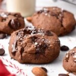 a chocolate almond flour cookie with chocolate chips and a pinch of salt on top