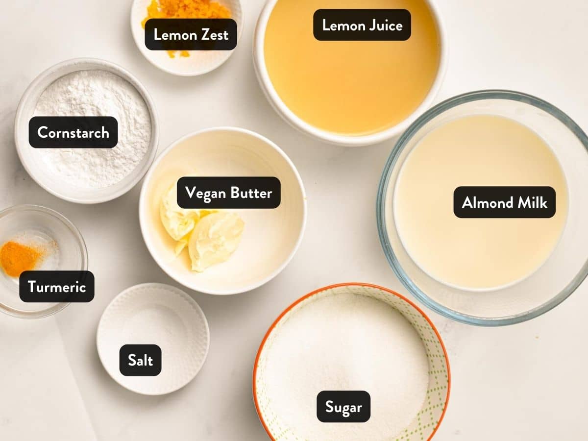 Ingredients for Vegan Lemon Curd in various bowls and ramekins.