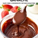 a spoon drizzling chocolate ganache in a glass bowl filled with a large batch of vegan chocolate ganache