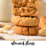 a stack of 3 Almond Flour Peanut Butter Cookies with one broken cookie on top showing the crunchy cookie texture