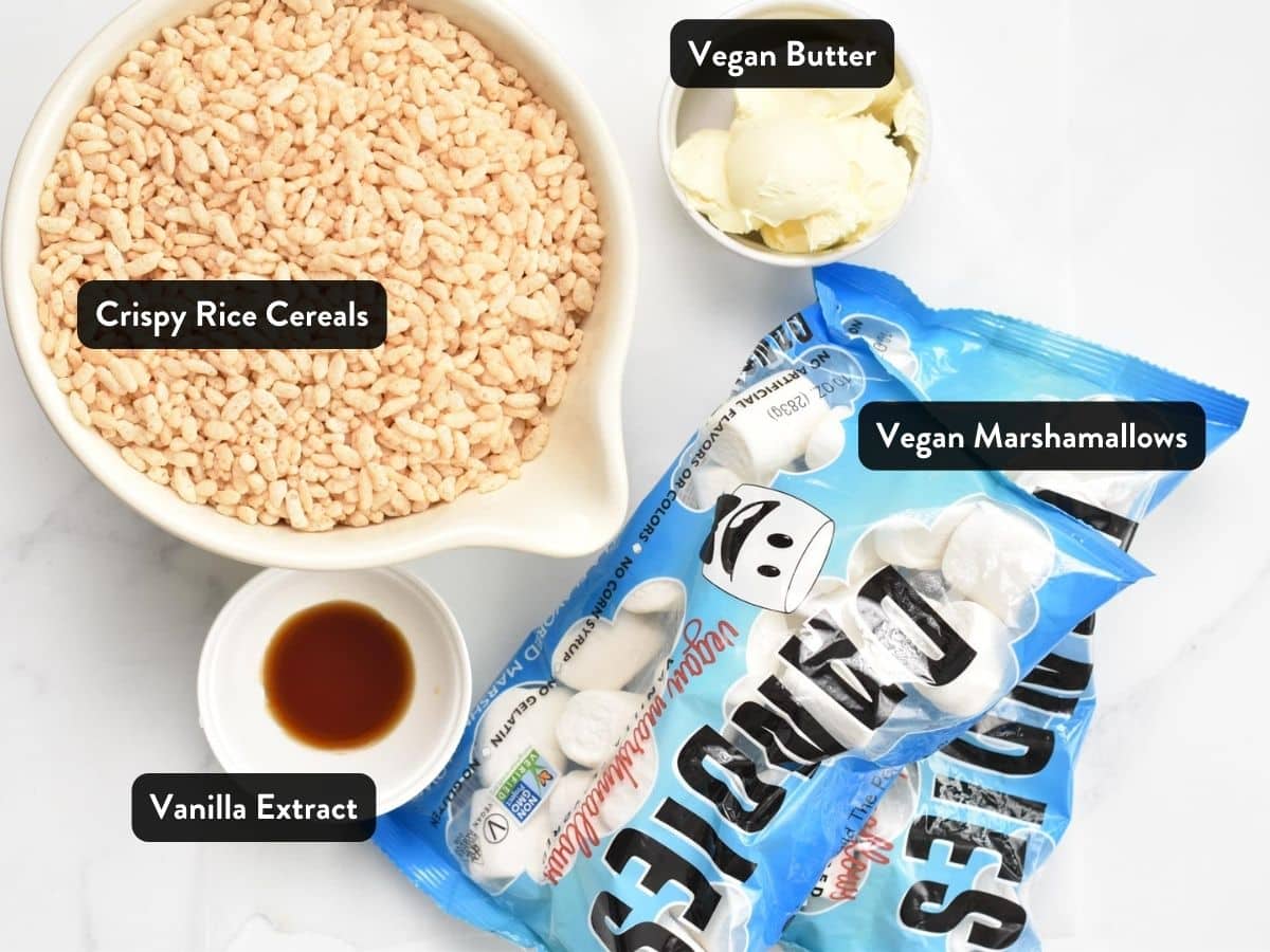 Ingredients for Vegan Rice Krispies Treats in bowls and ramekins,