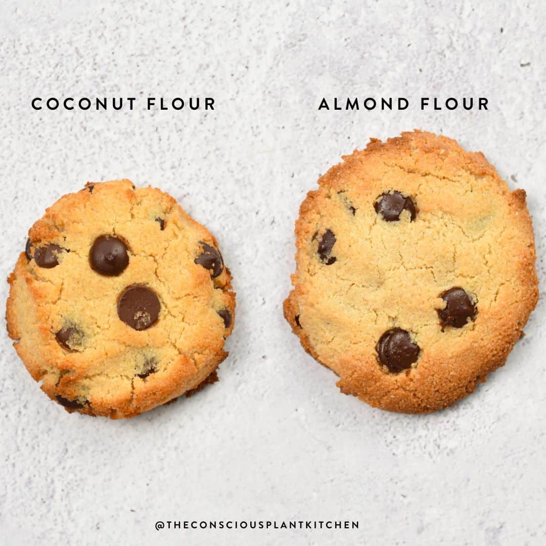 Two chocolate chip cookies pictured from the top, on the left a coconut flour chocolate chip cookie, on the right an almond flour chocolate chip cookie.