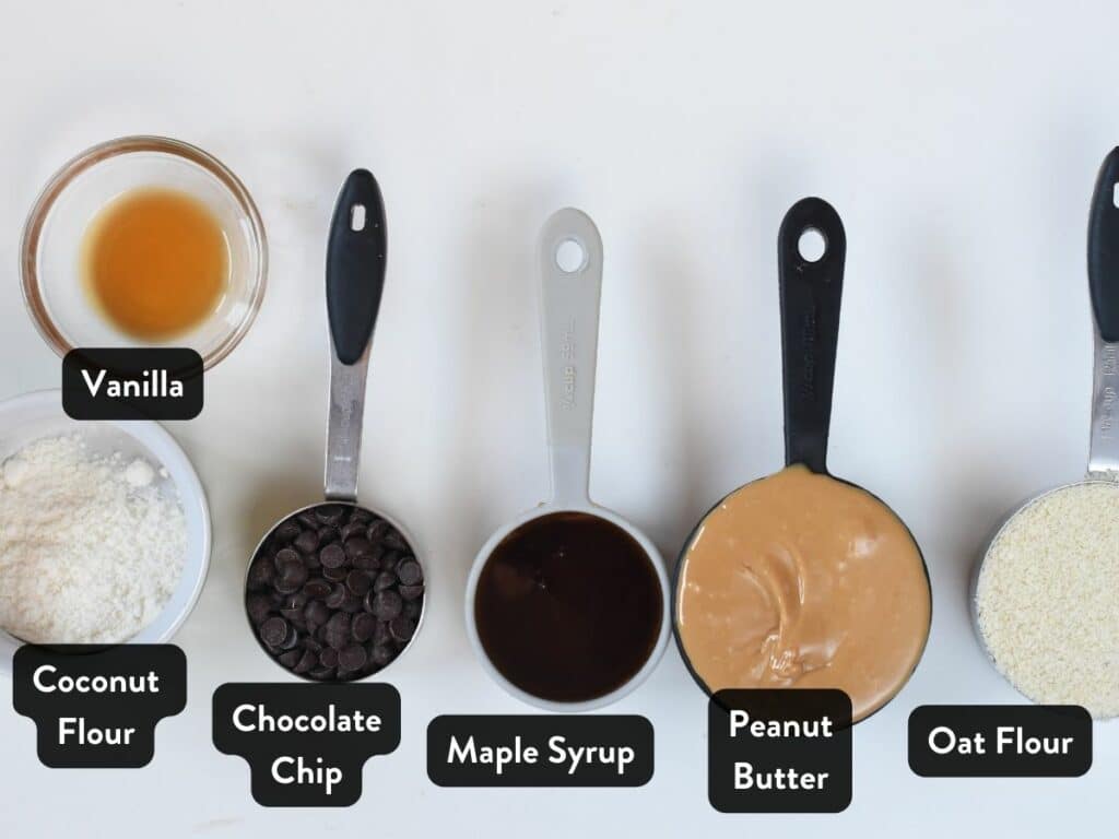 Ingredients for No-Bake Chocolate Chip Cookies in bowls and measuring cups.