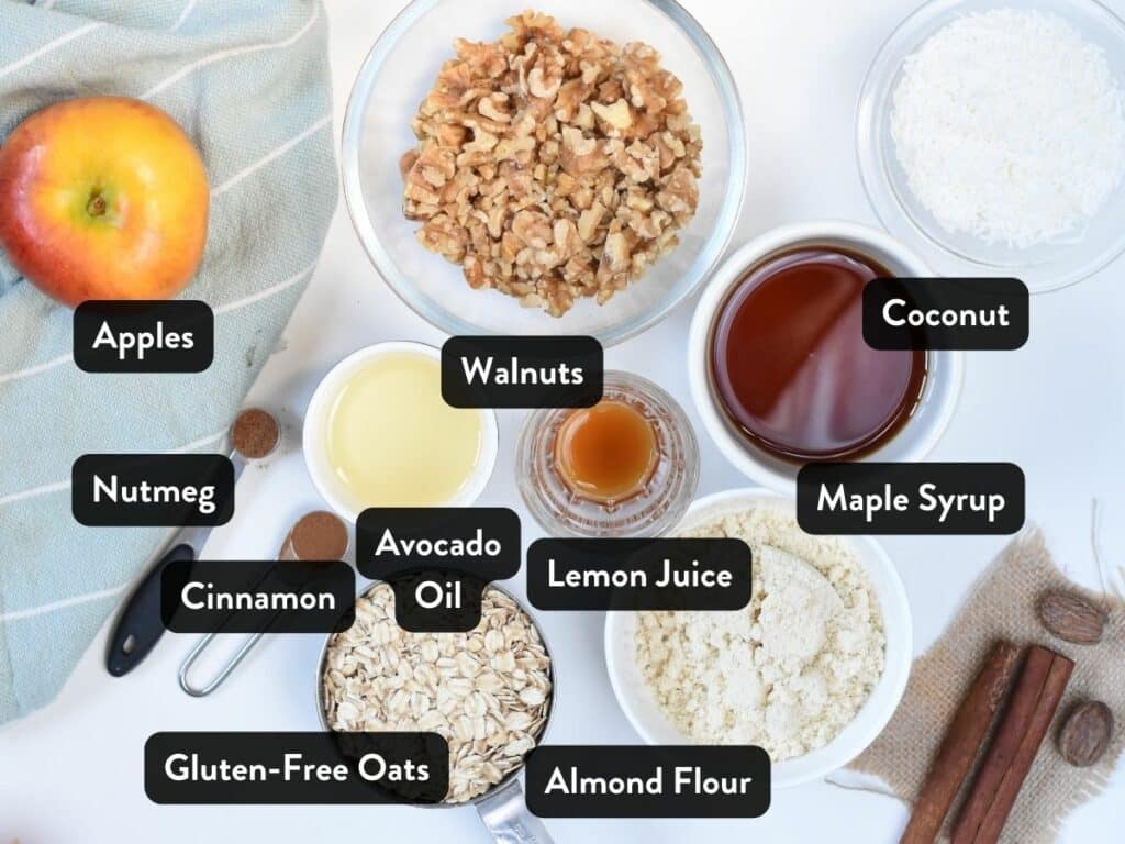 Ingredients for Vegan Gluten-Free Apple Crisps in cups and ramekins