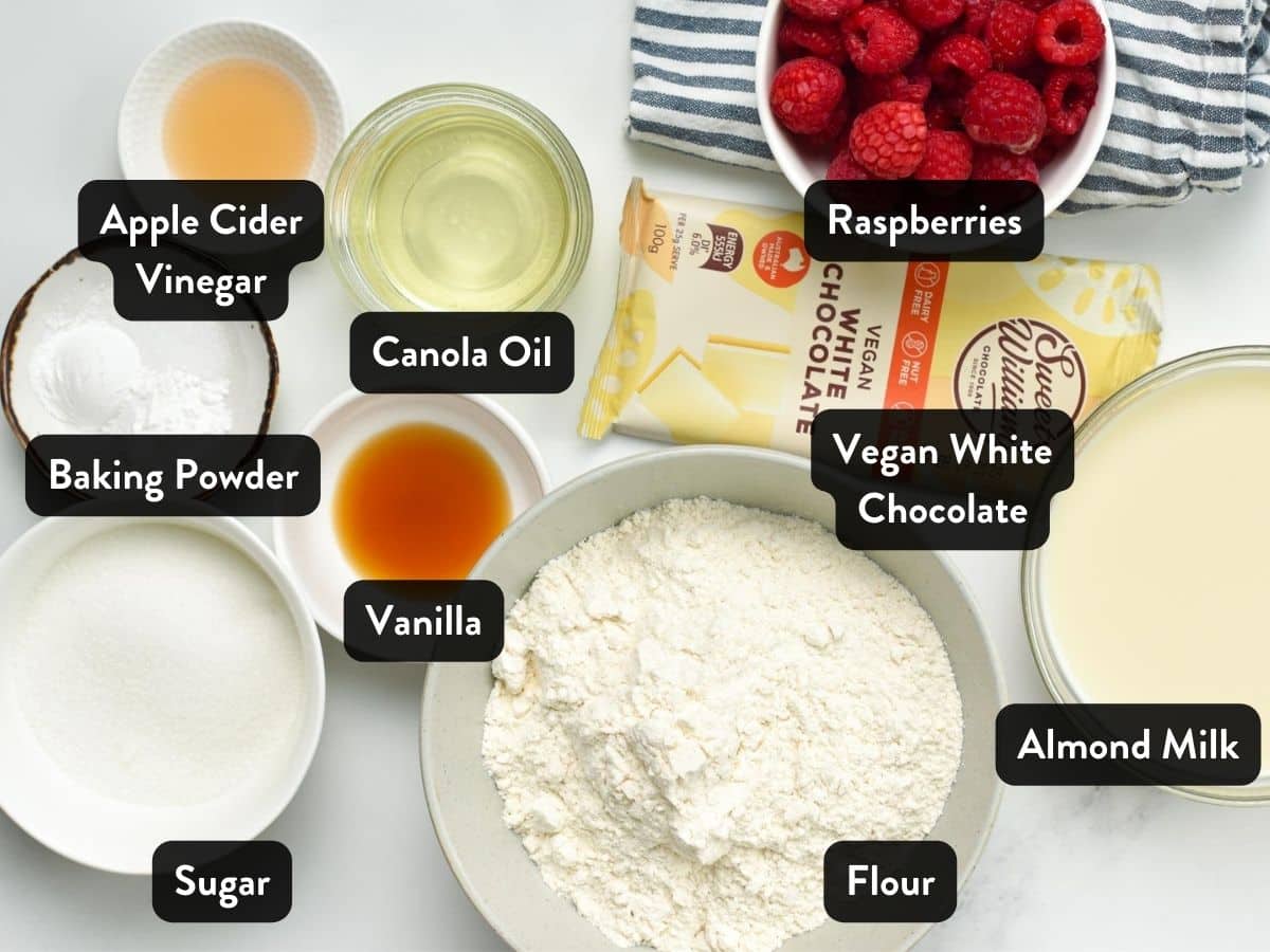 Vegan Raspberry Muffin ingredients in bowls and ramekins.