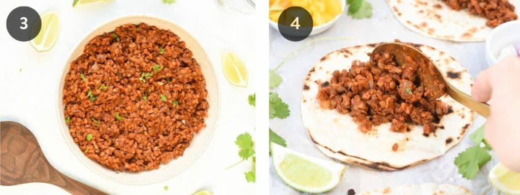 Filling vegan lentil tacos with vegan taco meat