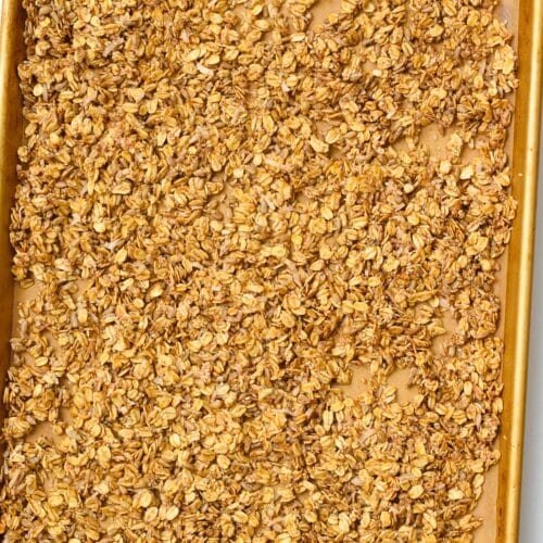 Granola on a baking sheet.