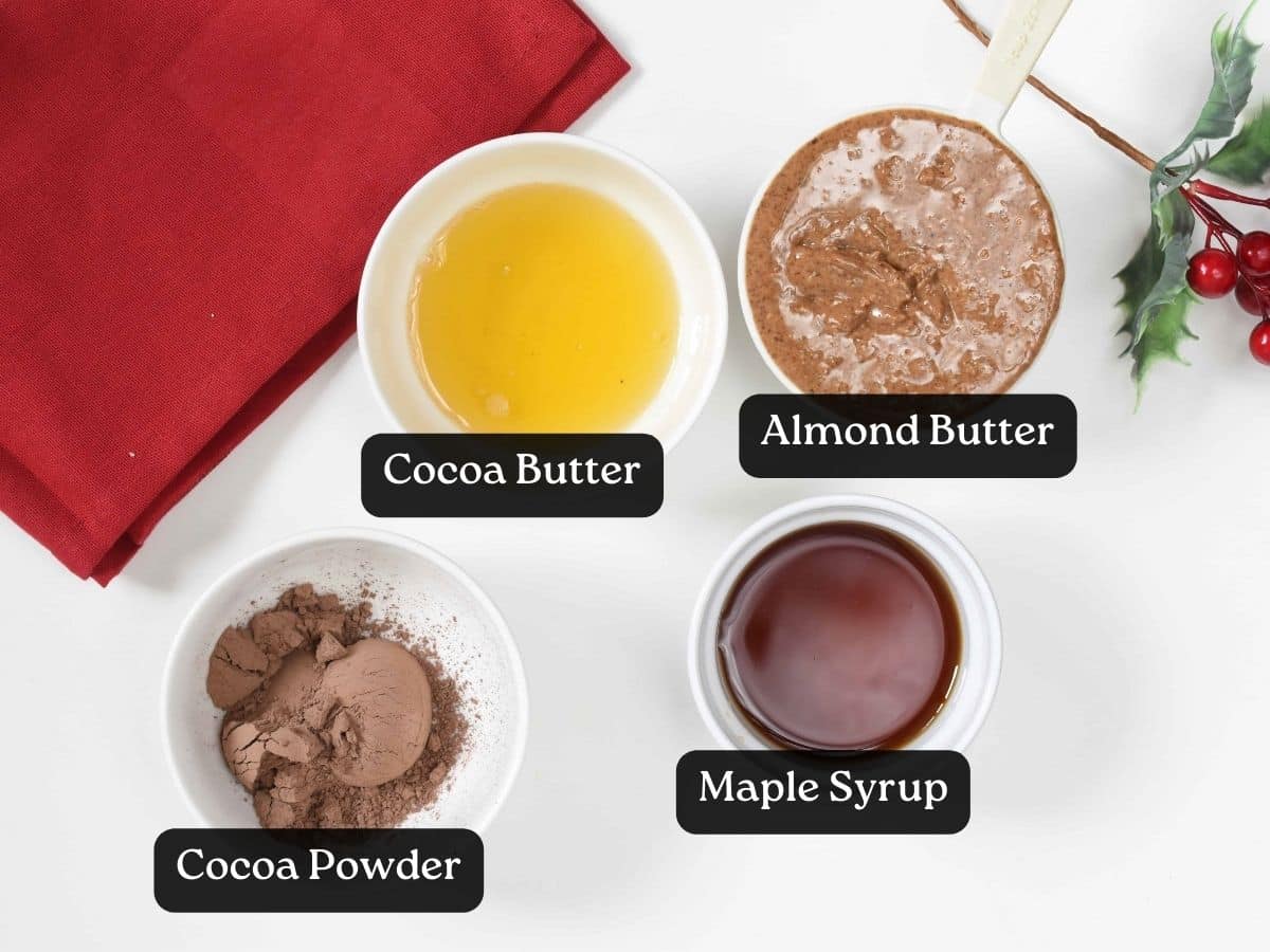 Ingredients for 4-Ingredient Chocolate Fudge in various bowls and ramekins with labels.