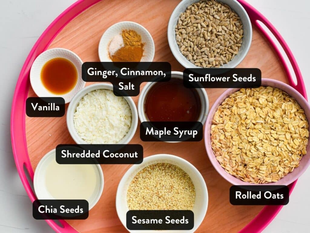 Ingredients for Granola Butter in bowls and ramekins.