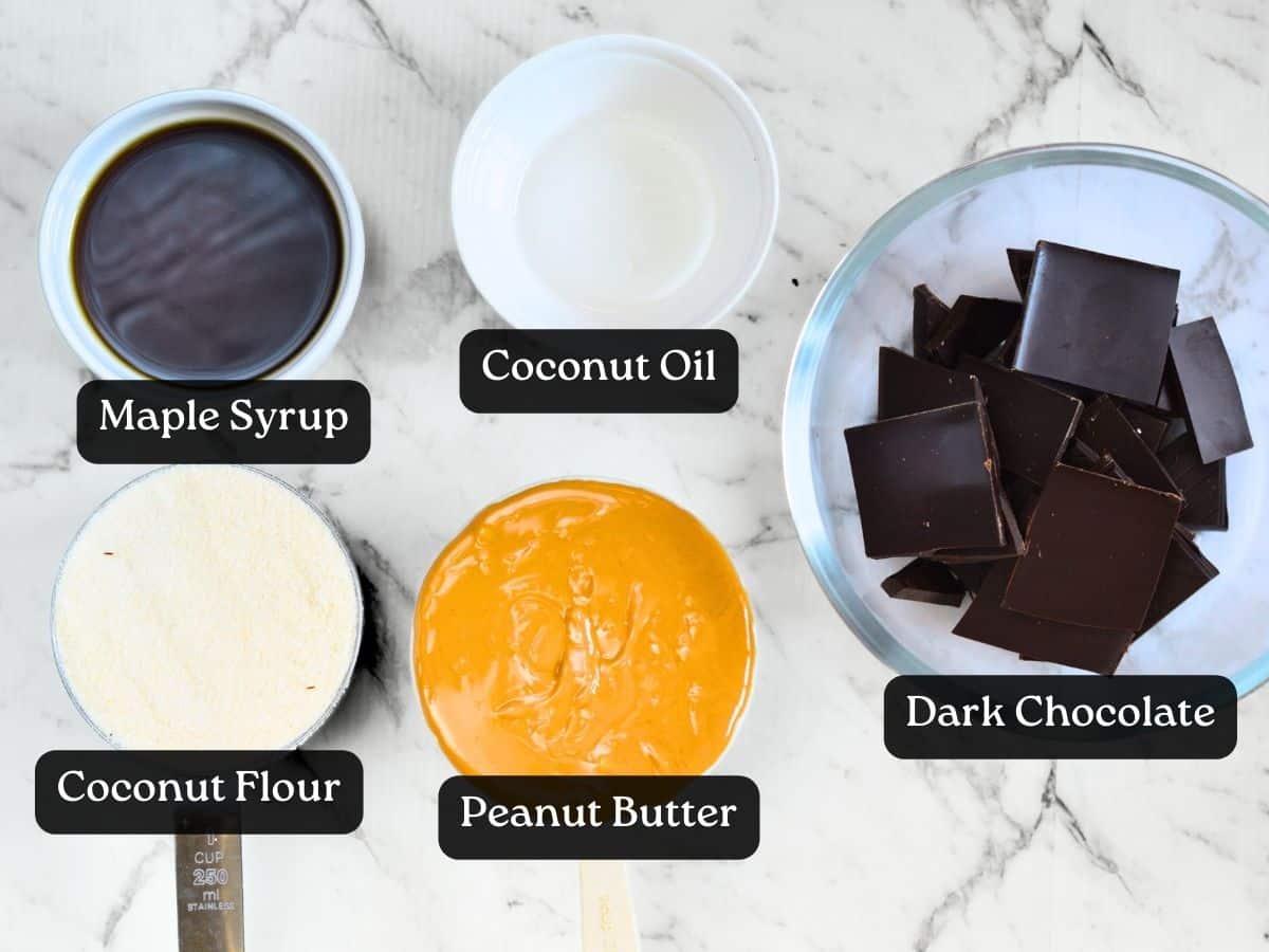 Ingredients for No-Bake Peanut Butter Bars in bowls and ramekins.