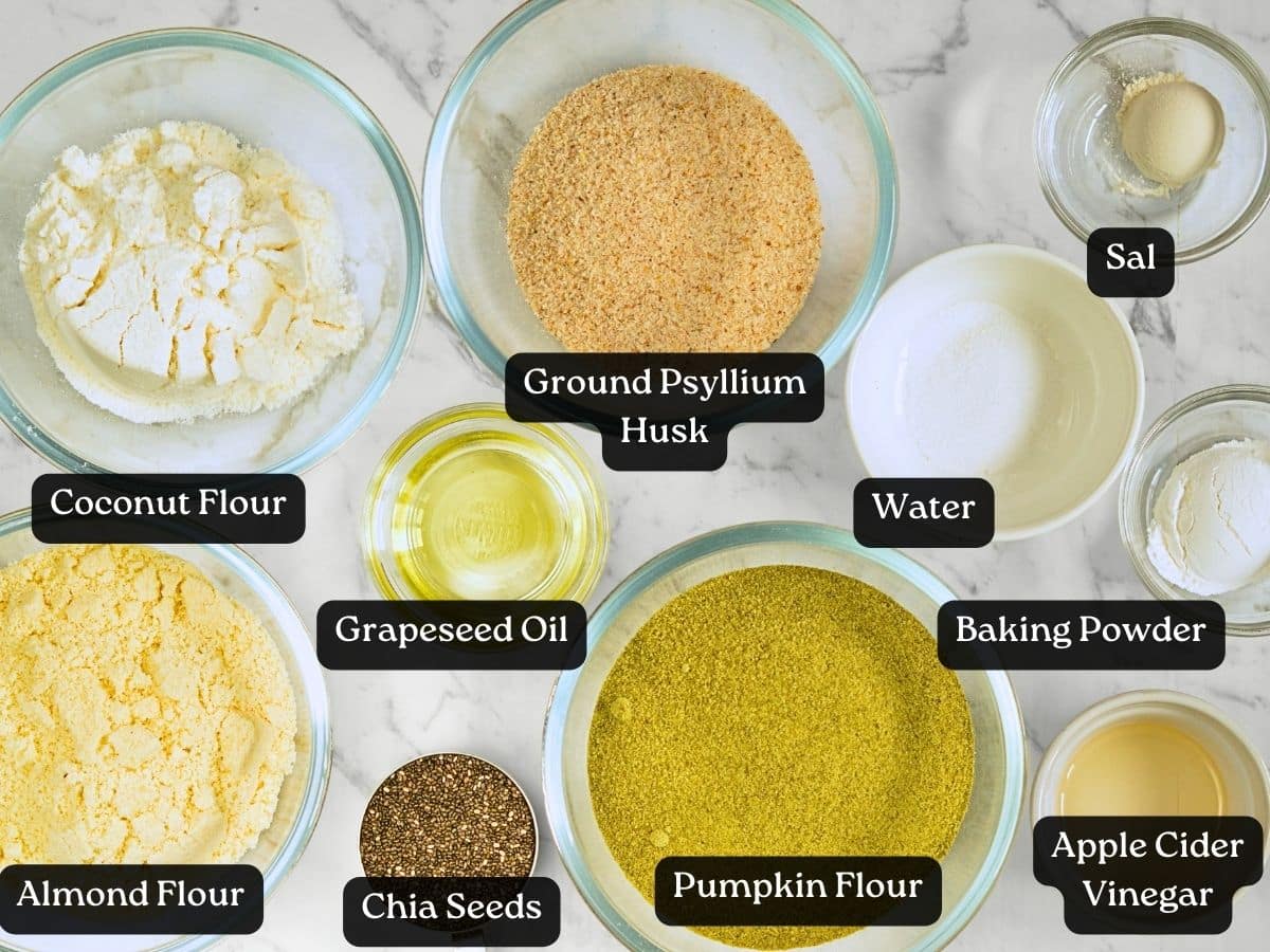 Ingredients for Vegan Keto Bread in cups and ramekins