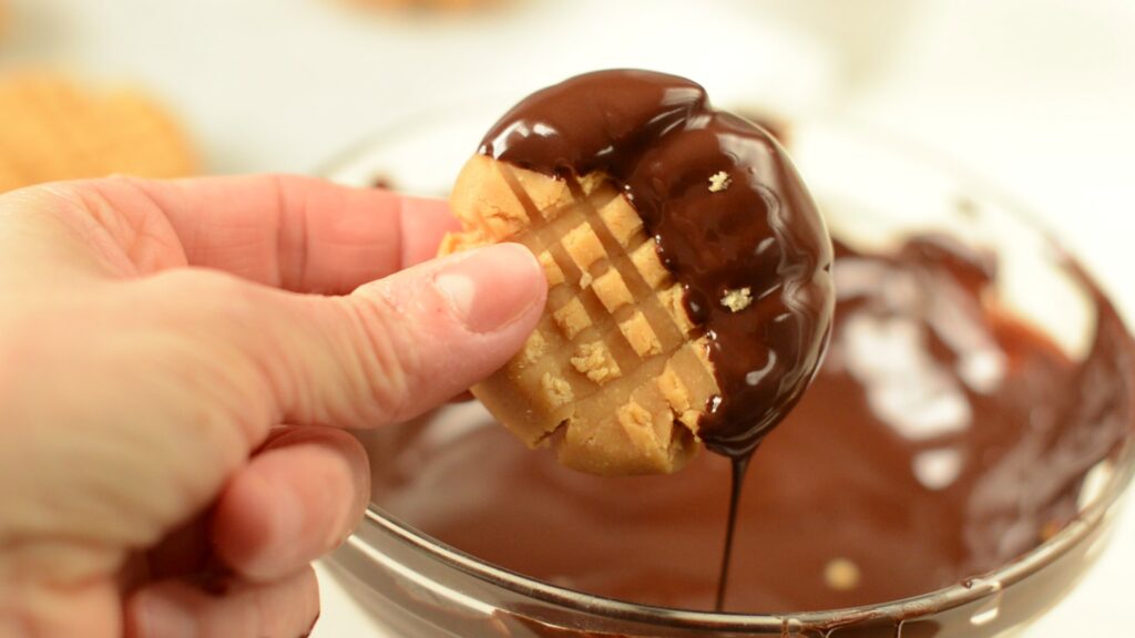 Melted chocolate dripping from a no-bake peanut butter cookie.