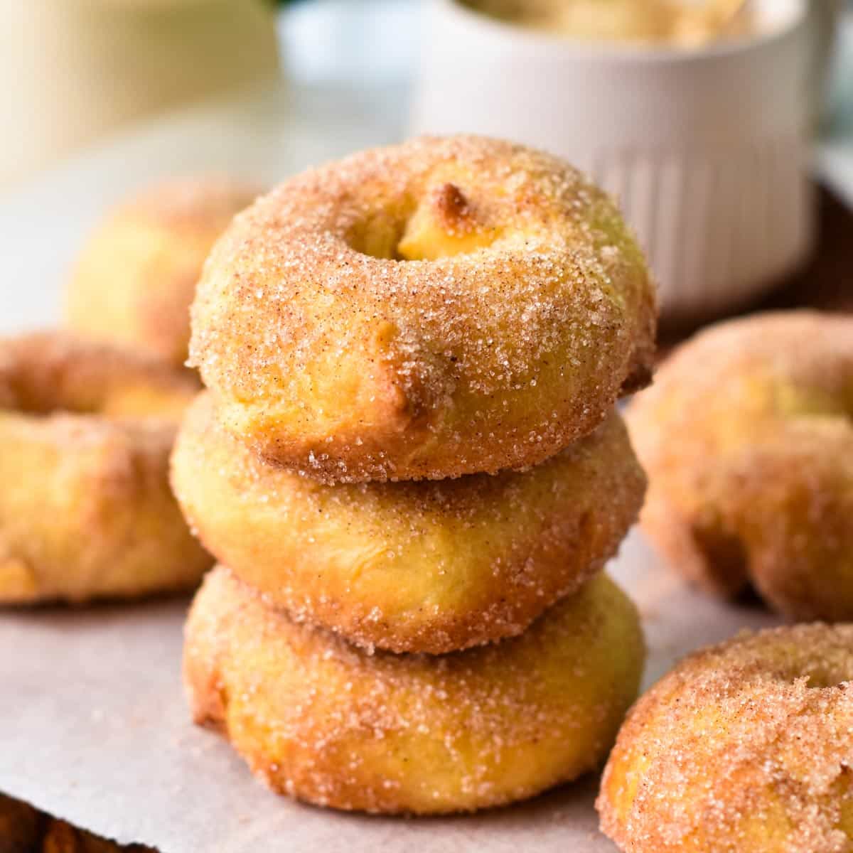a stack of 3 sugar coated donuts baked in the airfryer