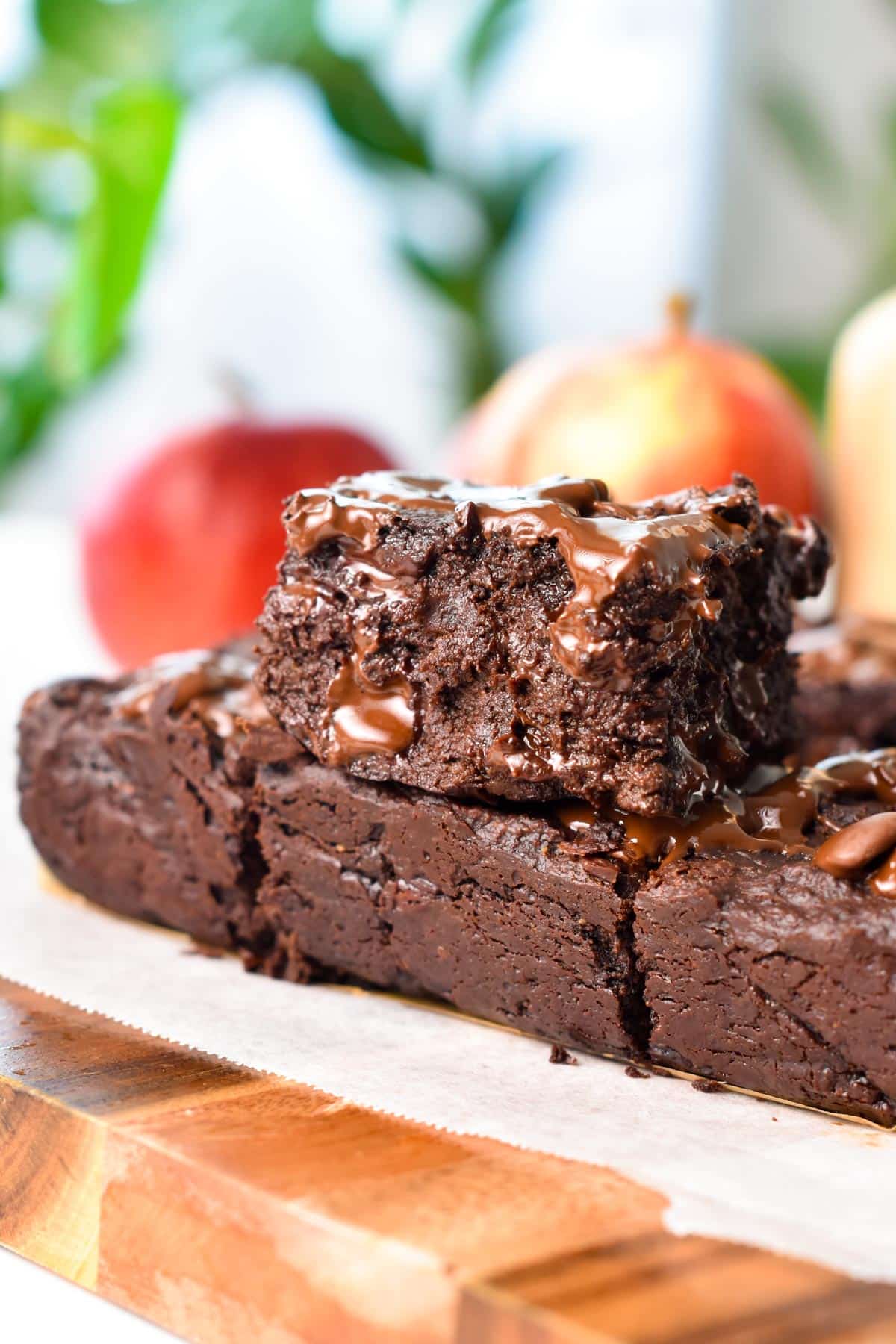 A stack of fudgy moist applesauce brownies.