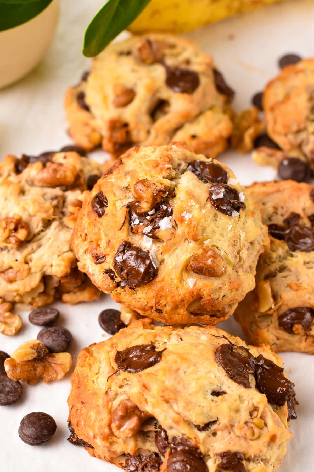 Soft banana bread cookies with chocolate chips, walnuts and pinch of salt.