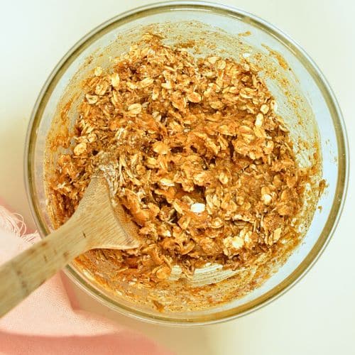 No-Bake Oatmeal Bar base crust ingredients mixed in a bowl.