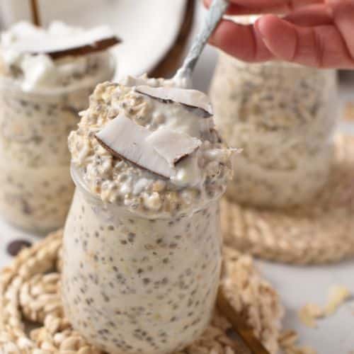 Overnight oats with coconut milk served in a jar.