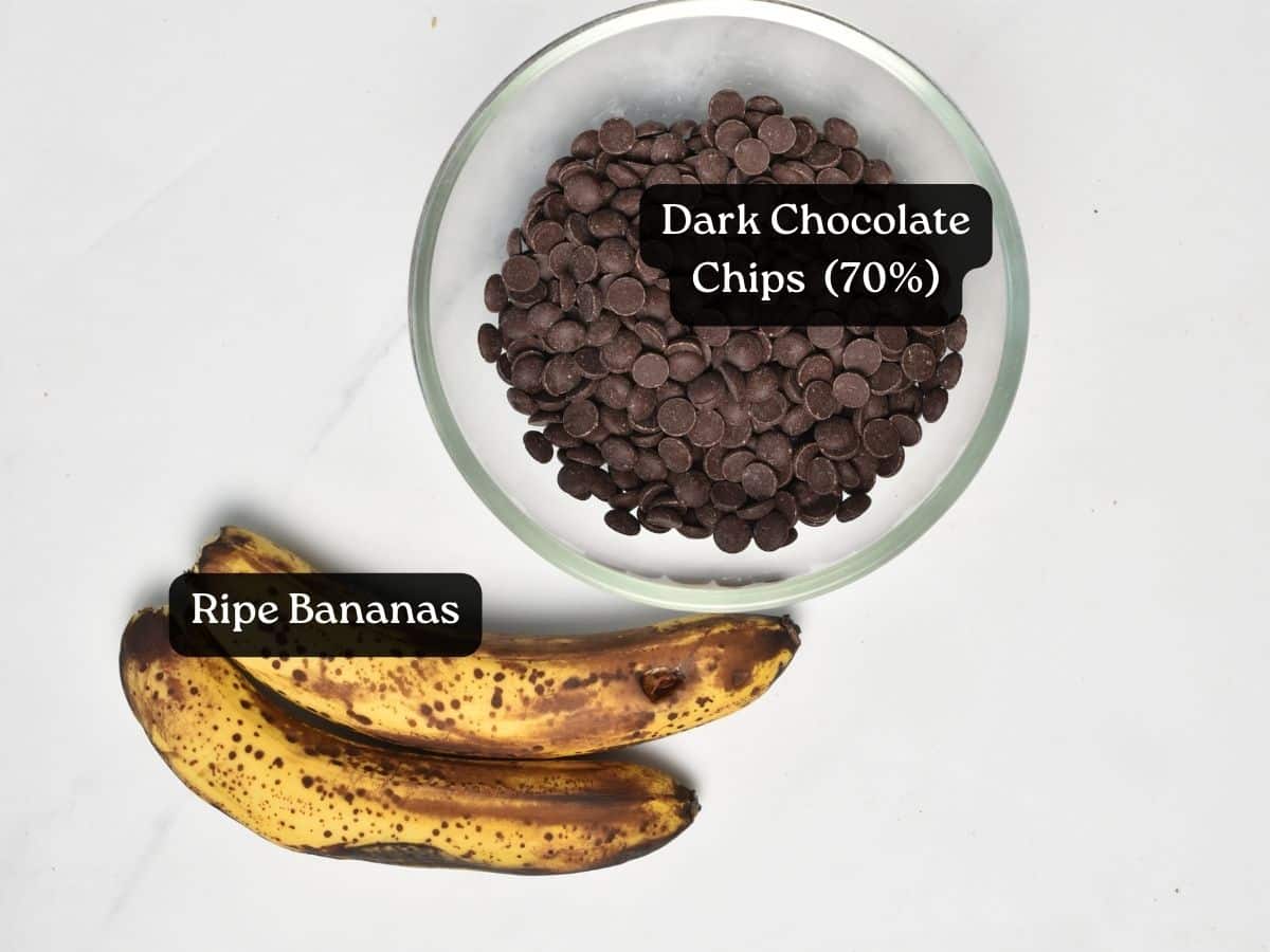 2 ripe bananas and a bowl filled with chocolate chips