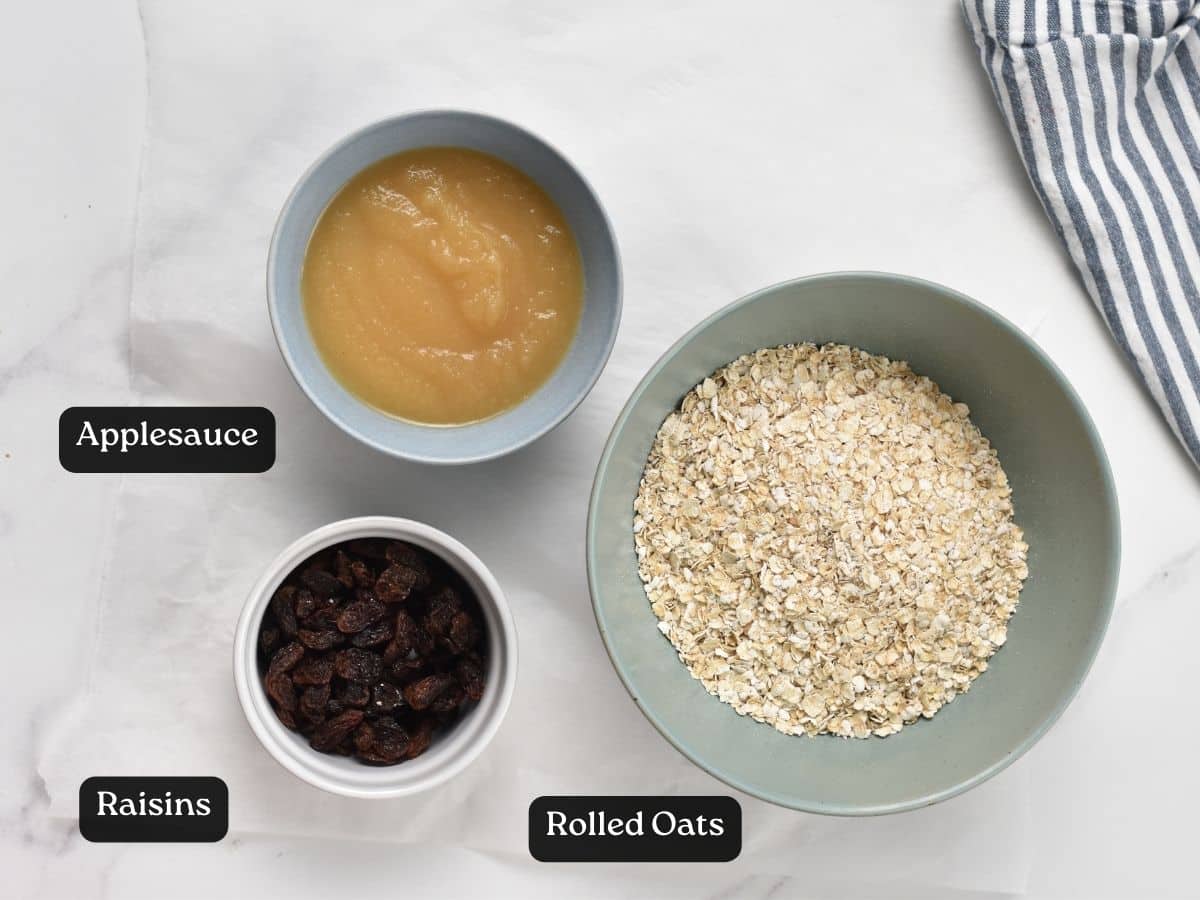 Ingredients for 3-Ingredient Oatmeal Raisin Cookies in bowls.