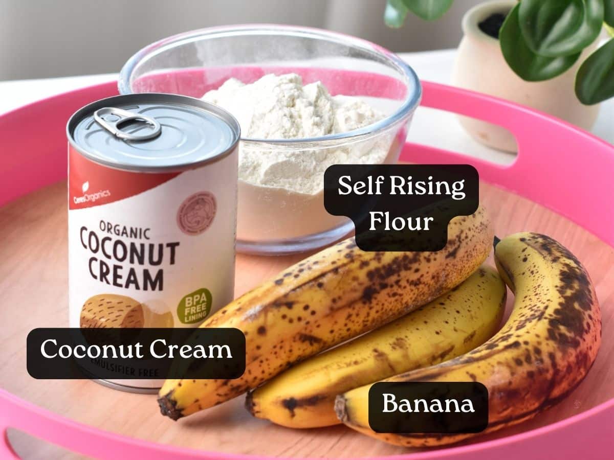 Ingredients for 3-Ingredient Banana Muffins on  a large serving tray.