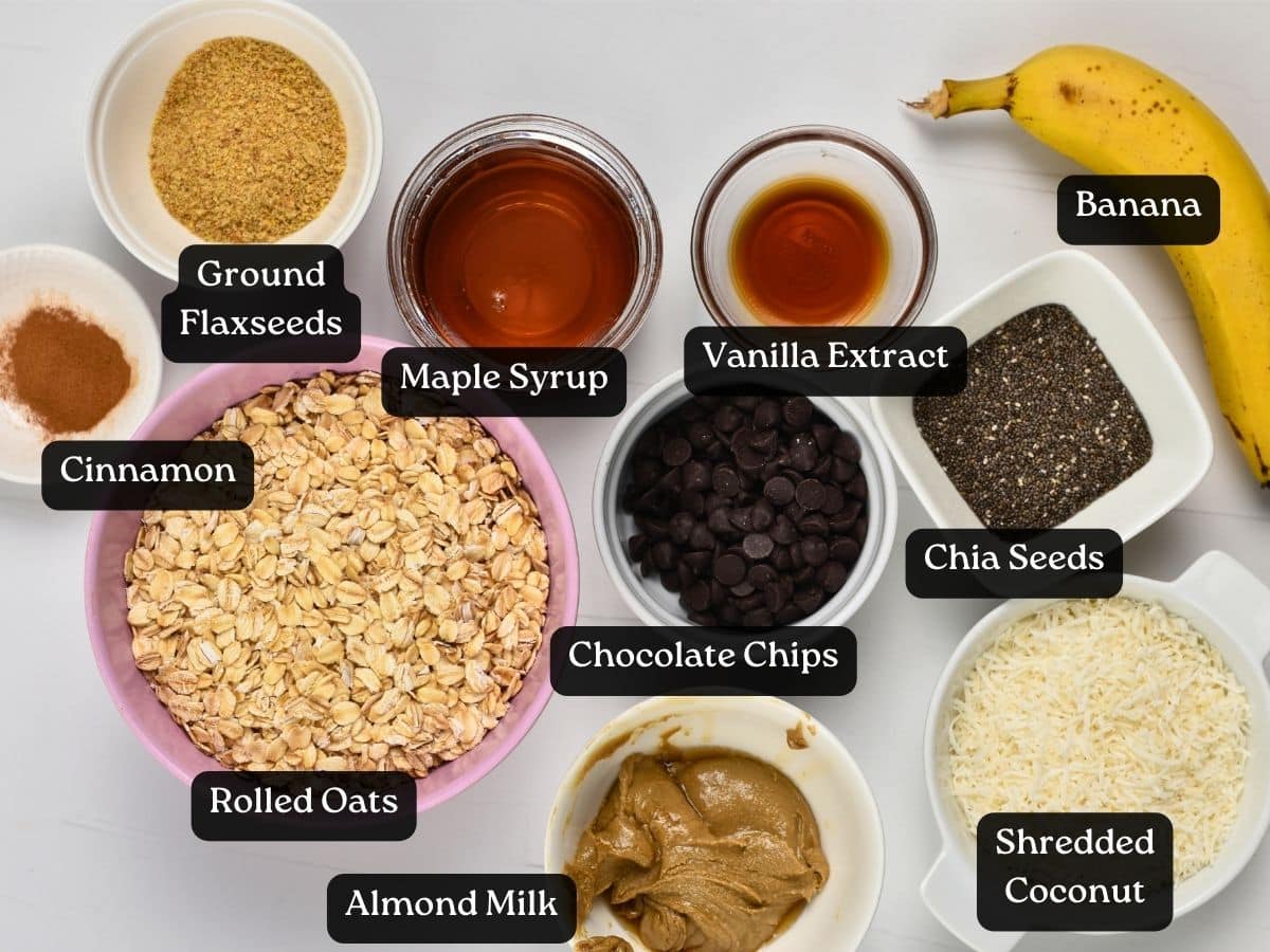Ingredients for Banana Oat Balls in various bowls and ramekins.
