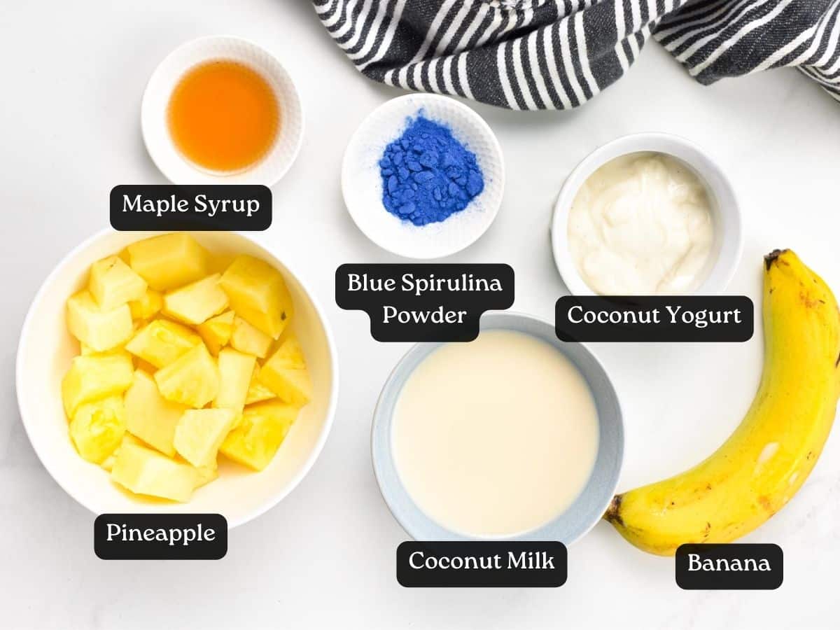 Ingredients for Blue Spirulina Smoothie in bowls and ramekins.