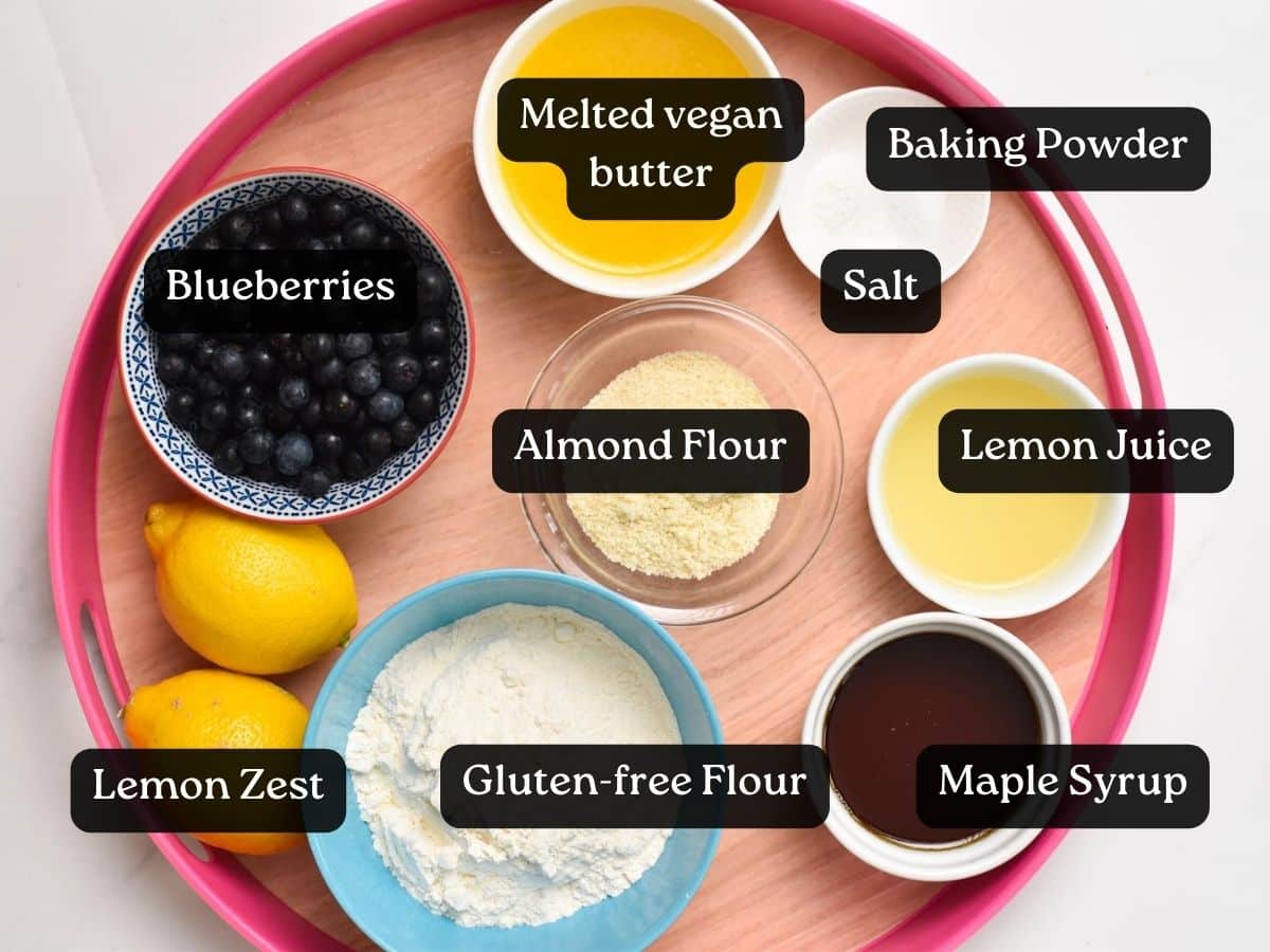 A picture of bowls filled with the ingredients to make lemon blueberry blondies.
