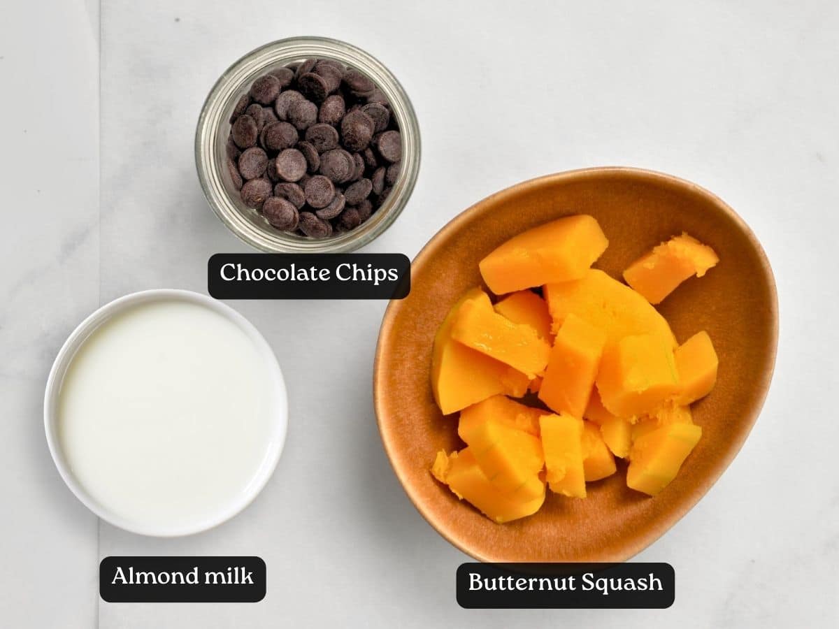 Ingredients for Butternut Squash Chocolate Mousse in bowls.