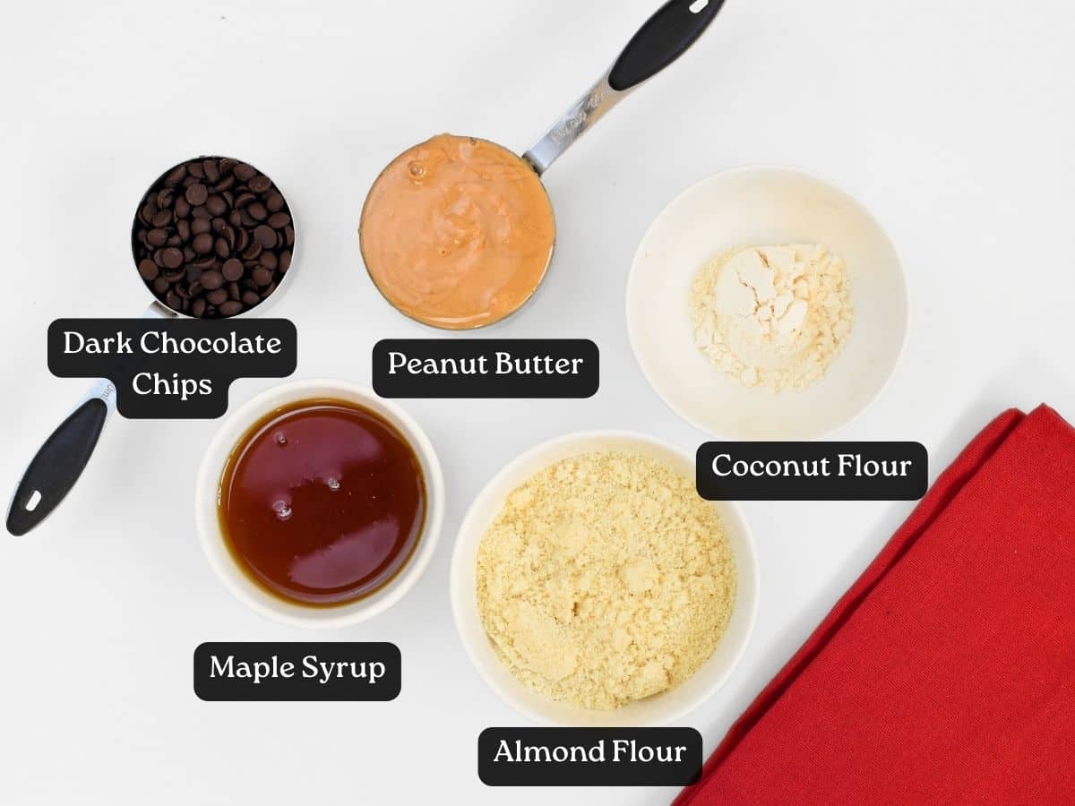Ingredients for Cookie Dough Balls in bowls and measuring cups