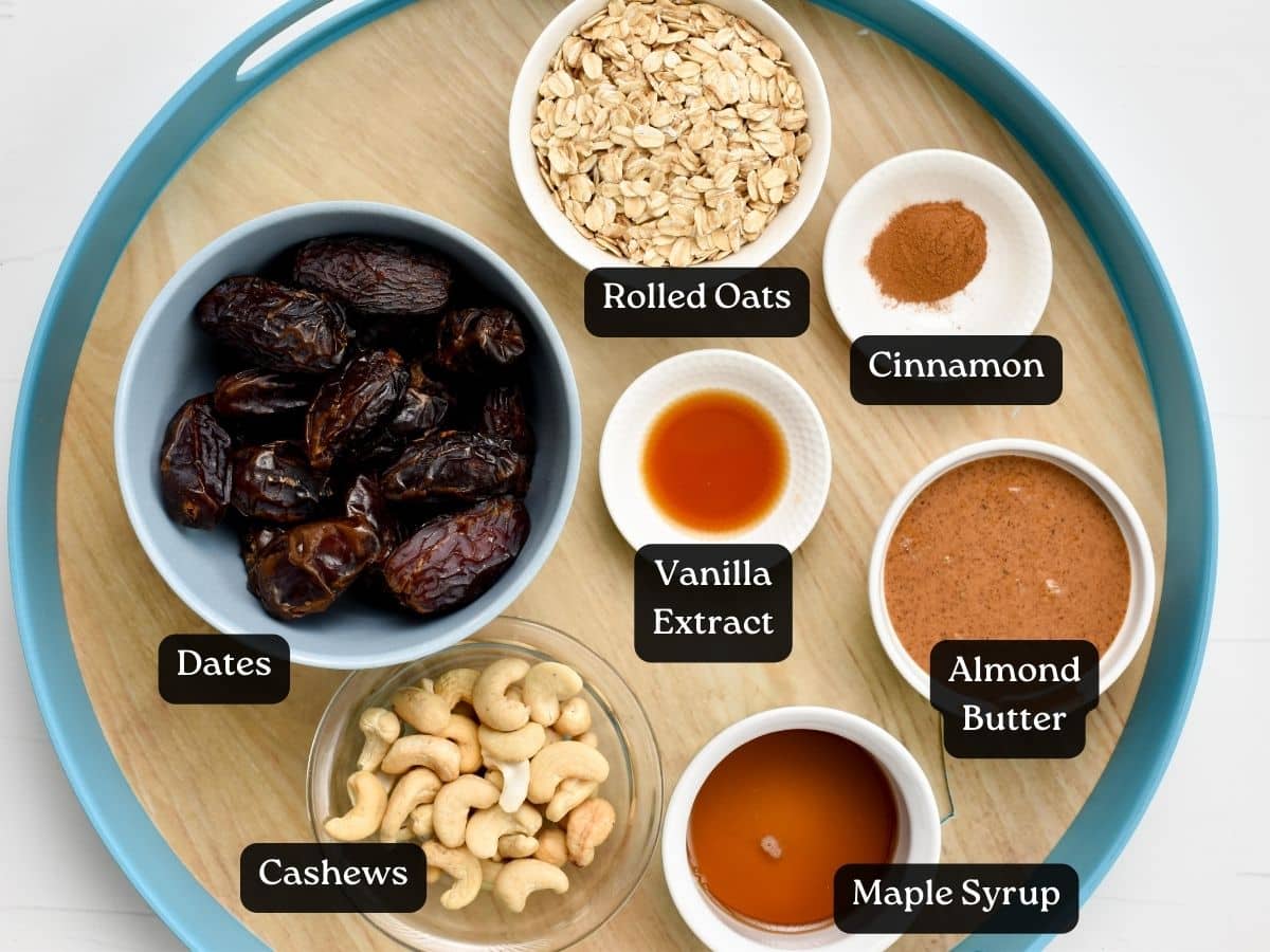 Ingredients for Healthy Date Bars in bowls and ramekins.