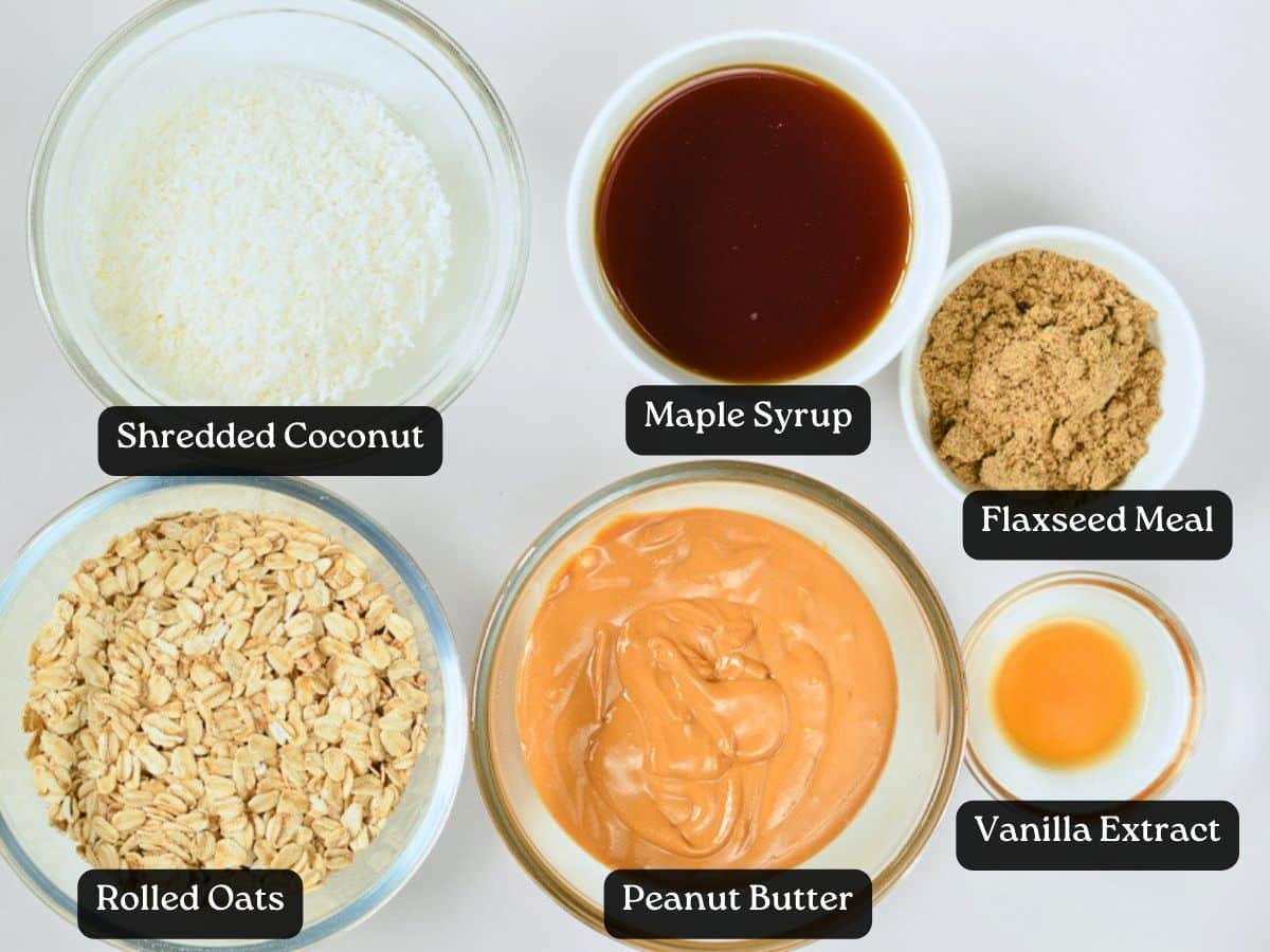 Ingredients for No-Bake Oatmeal Bars in bowls and ramekins.