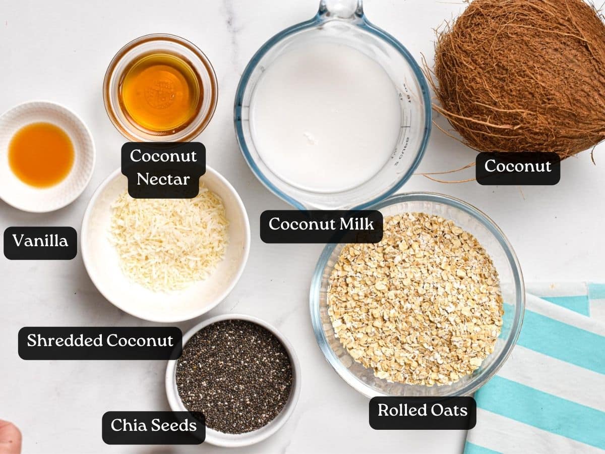 Ingredients for Overnight Oats With Coconut Milk in bowls and ramekins.